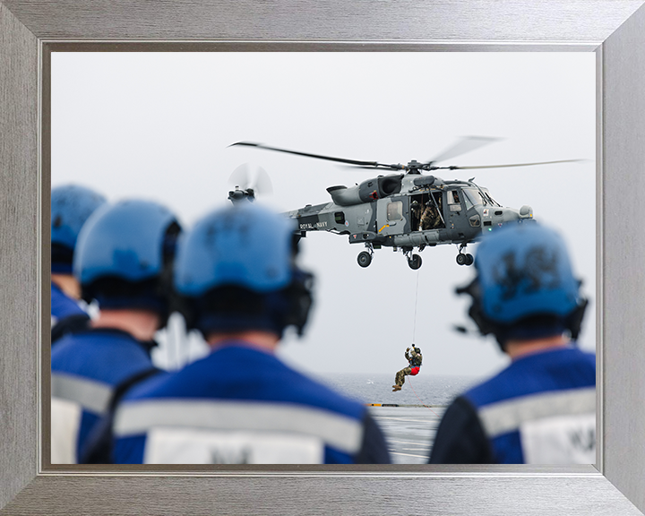 Wildcat Helicopter Winching on HMS Prince of Wales Photo Print - Royal Navy Aircraft Hampshire Prints 10 x 8 Silver Frame No