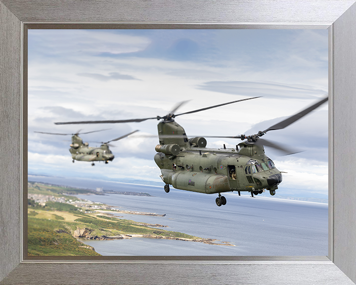 Two RAF Chinook Helicopters in Flight Photo Print - Royal Air Force Aircraft Hampshire Prints 10 x 8 Silver Frame No
