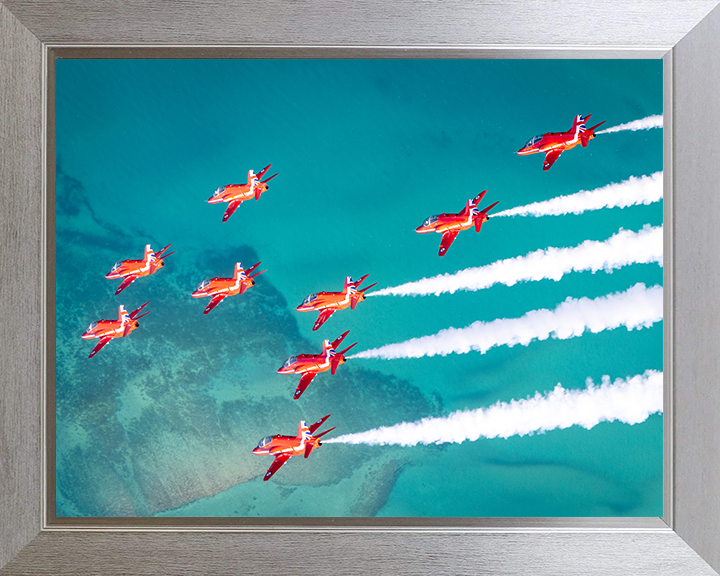RAF Red Arrows fly over the sea in Formation Photo Print - Royal Air Force Aircraft Hampshire Prints 10 x 8 Silver Frame No
