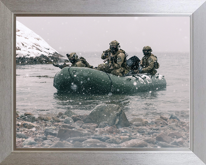 Royal Marines on a Inflatable Raiding Craft in the Snow Photo Print 30 Commando Wall Art Military Decor Posters, Prints, & Visual Artwork Hampshire Prints 10 x 8 Silver Frame No
