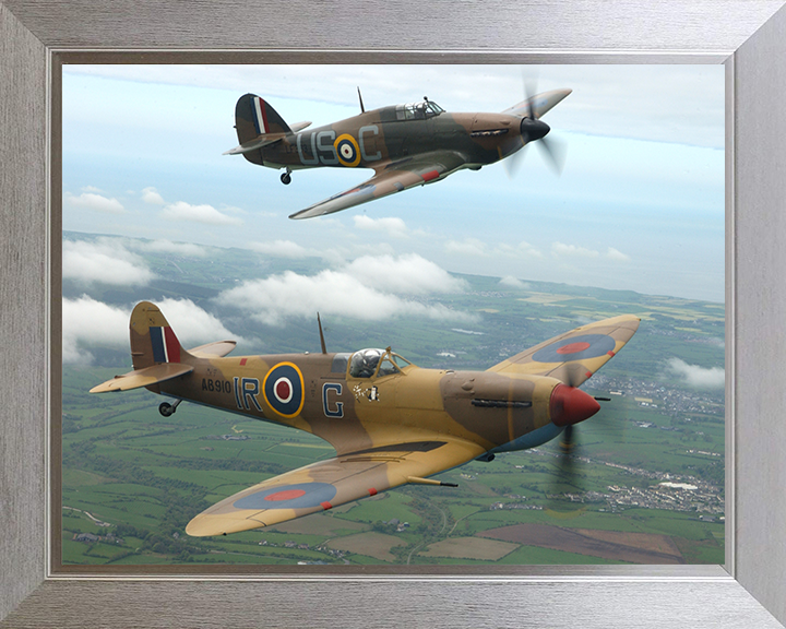 RAF Spitfire And Hurricane Planes flying over Lincolnshire Photo Print - Royal Air Force Aircraft Posters, Prints, & Visual Artwork Hampshire Prints 10 x 8 Silver Frame No