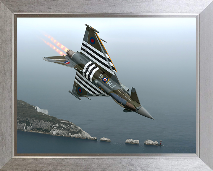 RAF Typhoon Jet in flight over the Needles Photo Print - Royal Air Force Aircraft Hampshire Prints 10 x 8 Silver Frame No
