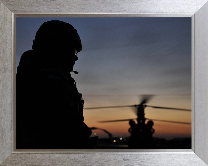 RAF Regiment Silhouette with Chinook Helicopter Photo Print - Royal Air Force Hampshire Prints 10 x 8 Silver Frame No