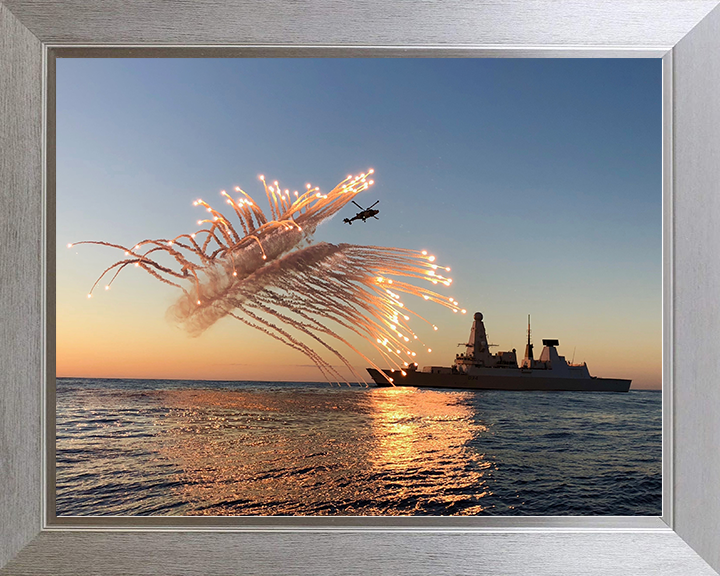 HMS Diamond (D34) Royal Navy Type 45 Destroyer With Flares 2018 Photo Print Wall Art Decor Posters, Prints, & Visual Artwork Hampshire Prints 10 x 8 Silver Frame No