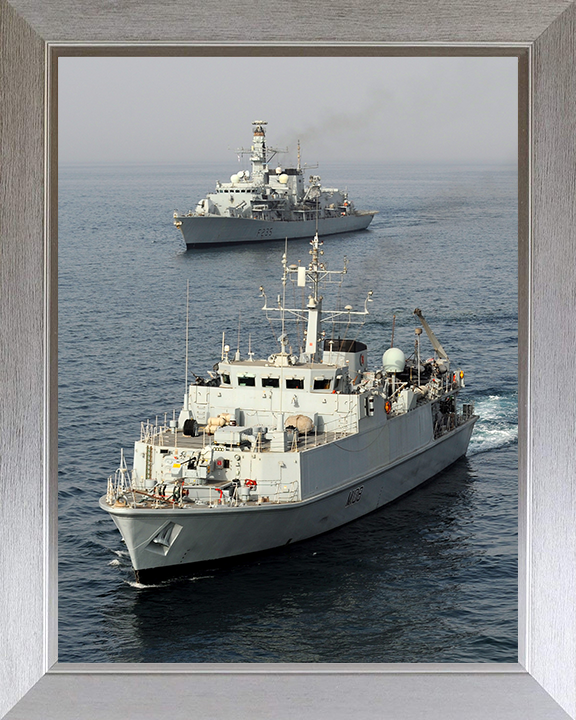 HMS Grimsby (M108) Photo Print - With HMS Montrose - Royal Navy Sandown Class Minehunter Hampshire Prints 10 x 8 Silver Frame No