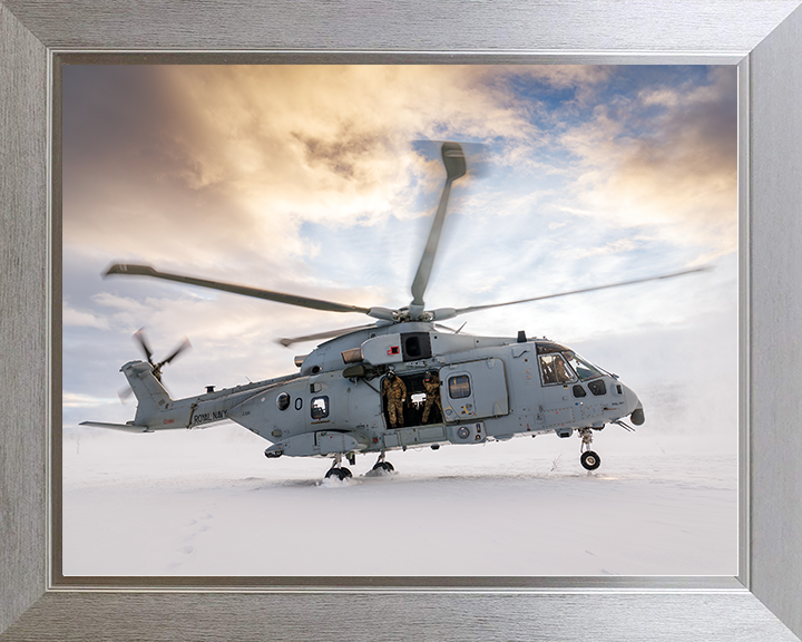 Merlin MK4 Helicopter Snow Landing in Norway 2026 Royal Navy Aircraft Photo Print Wall Art Naval Decor UK Posters, Prints, & Visual Artwork Hampshire Prints 10 x 8 Silver Frame No