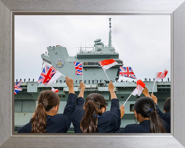 HMS Prince of Wales (R09) Photo Print - Singapore Welcome 2025 - Royal Navy Queen Elizabeth Class Aircraft Carrier Hampshire Prints 10 x 8 Silver Frame No