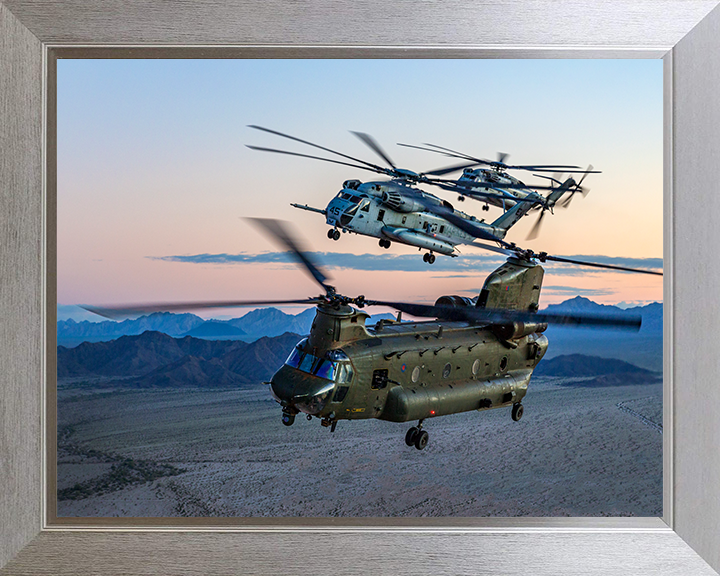 RAF CH-47 Chinook with two USMC ch-53 Sea Stallions Photo Print - Royal Air Force Aircraft Hampshire Prints 10 x 8 Silver Frame No