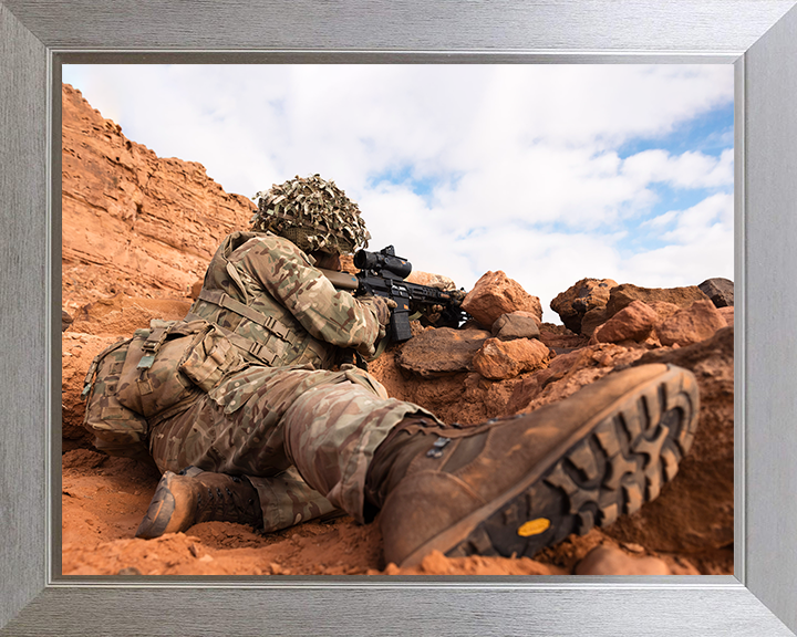 Soldier with a sharpshooter rifle Photo Print - British Army Hampshire Prints 10 x 8 Silver Frame No