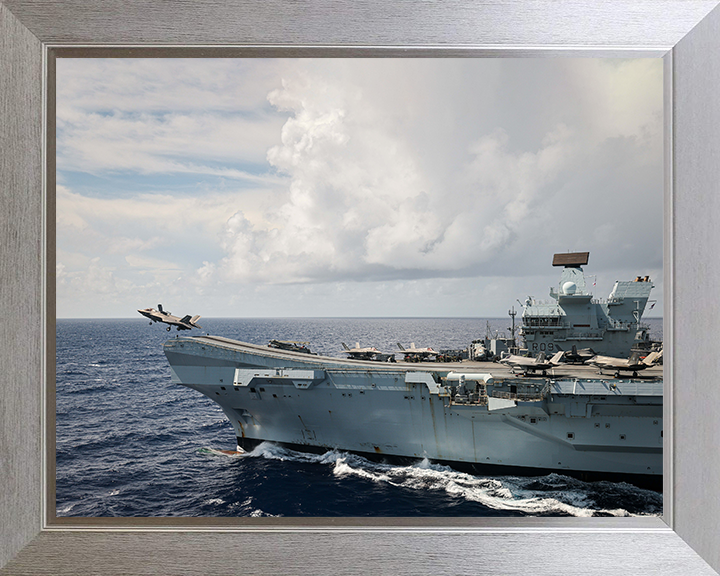 HMS Prince of Wales (R09) Photo Print - F-35B Lightning Takeoff - Royal Navy Queen Elizabeth Class Aircraft Carrier Hampshire Prints 10 x 8 Silver Frame No