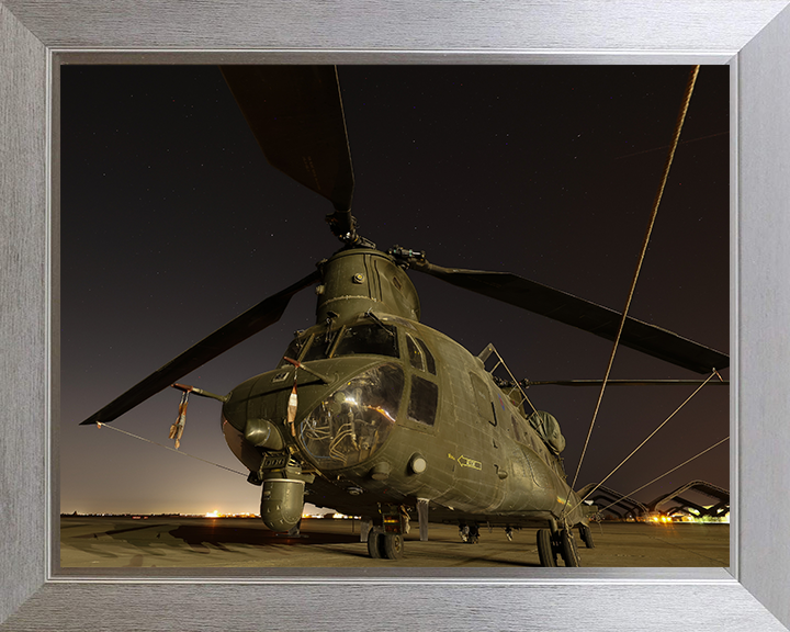 RAF Chinook Helicopter on Runway at night Photo Print - Royal Air Force Aircraft Hampshire Prints 10 x 8 Silver Frame No