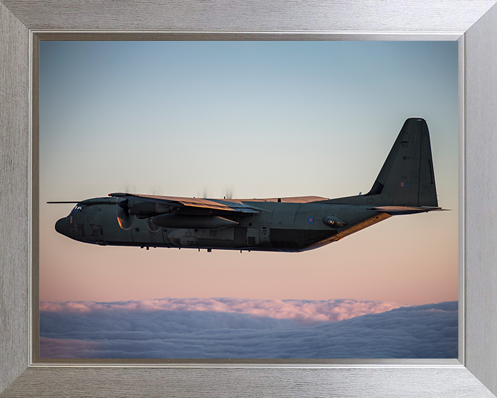 RAF C130J Hercules Flying at Sunset 2018 Photo Print - Royal Air Force Aircraft Posters, Prints, & Visual Artwork Hampshire Prints 10 x 8 Silver Frame No