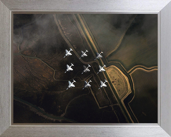 Nine RAF Harrier GR7 Jets in formation Photo Print - Royal Air Force Aircraft Posters, Prints, & Visual Artwork Hampshire Prints 10 x 8 Silver Frame No
