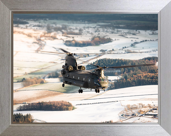 RAF Chinook Helicopter Flies Over Winter Countryside 2025 Photo Print - Royal Air Force Aircraft Posters, Prints, & Visual Artwork Hampshire Prints 10 x 8 Silver Frame No