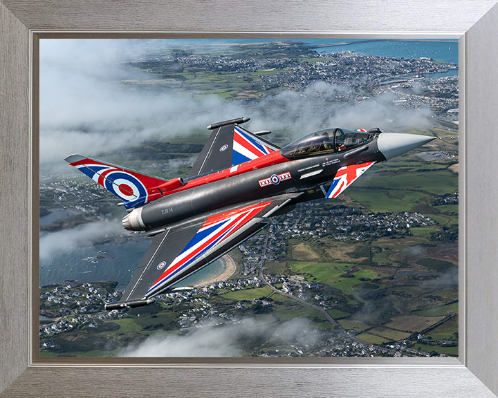RAF Typhoon Union Jack livery over the Menai Straits Photo Print - Royal Air Force Aircraft Hampshire Prints 10 x 8 Silver Frame No