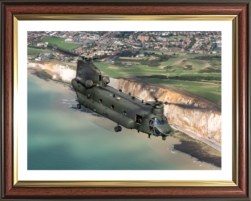 RAF Chinook Helicopter Over the English Coast Photo Print - Royal Air Force Aircraft Hampshire Prints 10 x 8 Classic Frame Yes