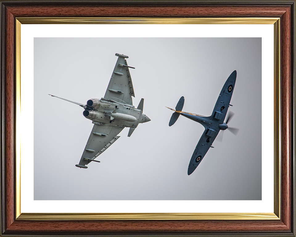 RAF Typhoon FGR4 and Spitfire in flight Photo Print - Royal Air Force Aircraft Hampshire Prints 10 x 8 Classic Frame Yes