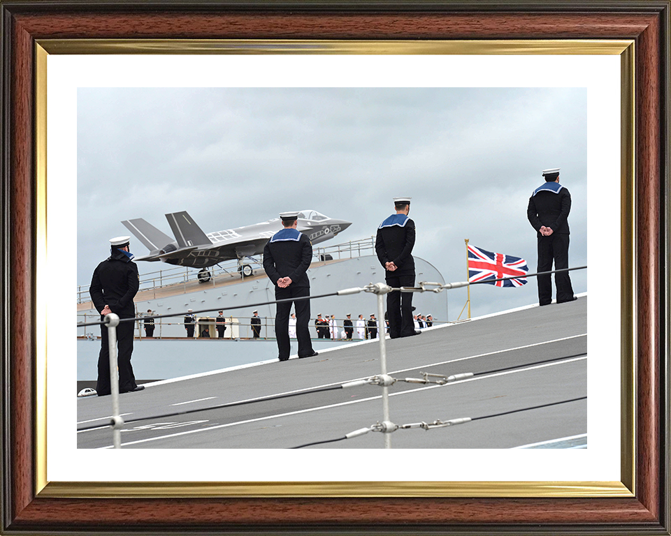 HMS Queen Elizabeth (R08) Photo Print - Sailors on Ski Jump - Royal Navy Queen Elizabeth Class Aircraft Carrier Hampshire Prints 10 x 8 Classic Frame Yes