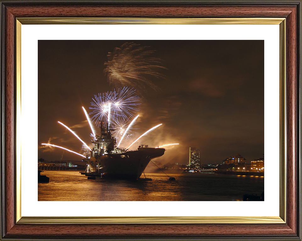 HMS Illustrious (R06) Photo Print - With fireworks 2009 - Royal Navy Invincible Class Aircraft Carrier Hampshire Prints 10 x 8 Classic Frame Yes