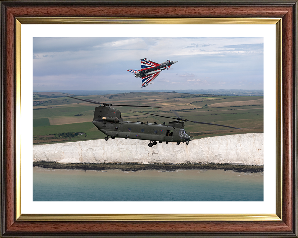 RAF Chinook Helicopter and Typhoon Jet Photo Print - Royal Air Force Aircraft Hampshire Prints 10 x 8 Classic Frame Yes