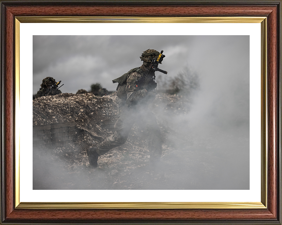 Soldier running through smoke Photo Print - British Army Hampshire Prints 10 x 8 Classic Frame Yes