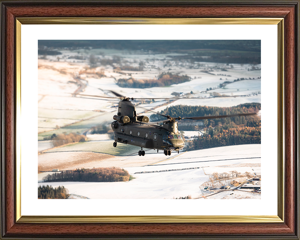 RAF Chinook Helicopter Flies Over Winter Countryside 2025 Photo Print - Royal Air Force Aircraft Posters, Prints, & Visual Artwork Hampshire Prints 10 x 8 Classic Frame Yes