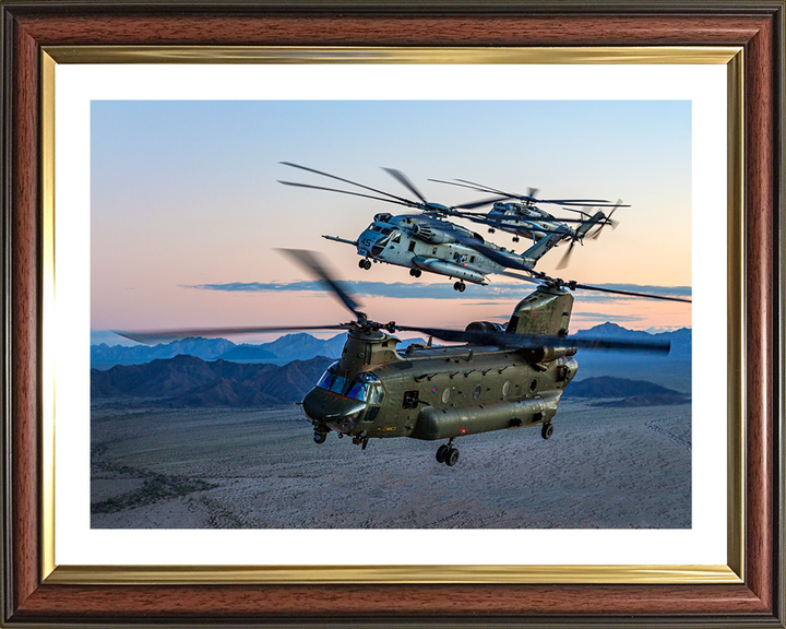 RAF CH-47 Chinook with two USMC ch-53 Sea Stallions Photo Print - Royal Air Force Aircraft Hampshire Prints 10 x 8 Classic Frame Yes