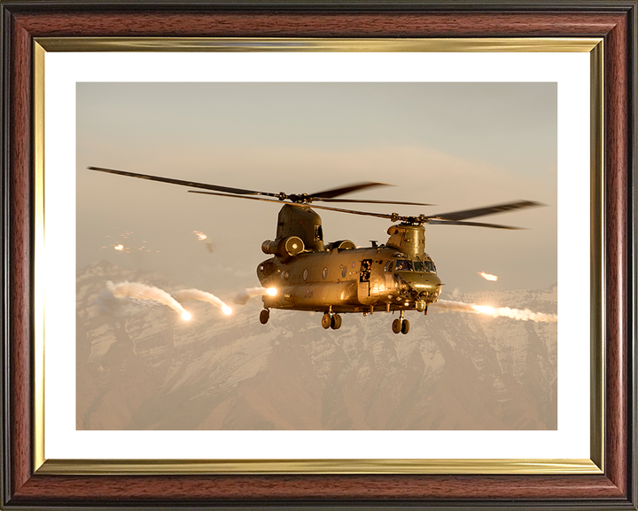 RAF Chinook Helicopter Over Afghanistan Firing Flares Photo Print - Royal Air Force Aircraft Hampshire Prints 10 x 8 Classic Frame Yes