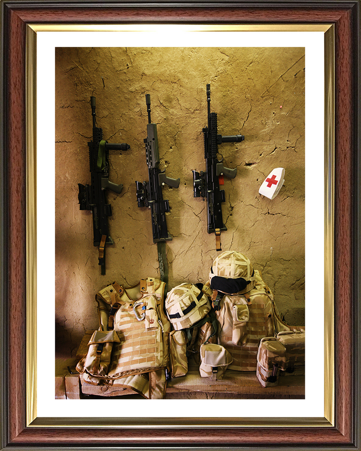 Royal Marines SA80s and kit on a wall in Afghanistan Photo Print Hampshire Prints 10 x 8 Classic Frame Yes