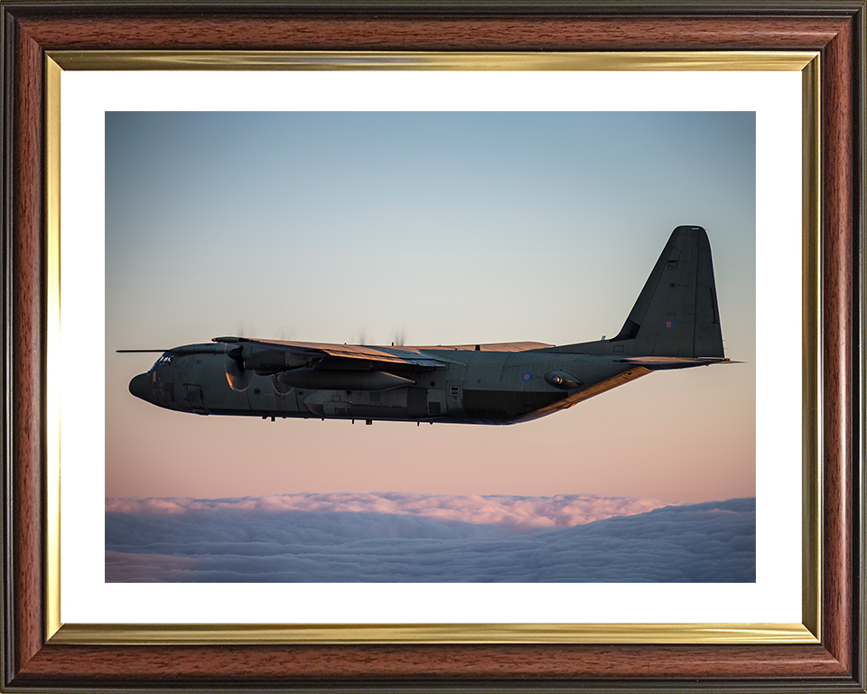 RAF C130J Hercules Flying at Sunset 2018 Photo Print - Royal Air Force Aircraft Posters, Prints, & Visual Artwork Hampshire Prints 10 x 8 Classic Frame Yes