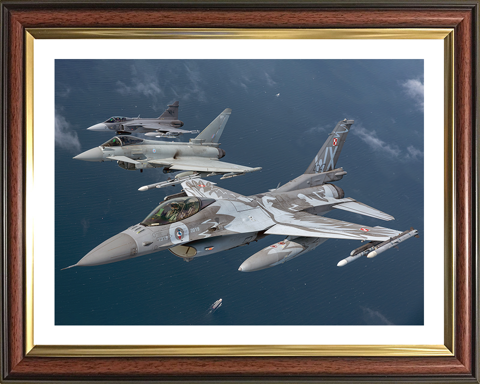 RAF Typhoon an F-16 and Gripen Jets Photo Print - Royal Air Force Aircraft Hampshire Prints 10 x 8 Classic Frame Yes
