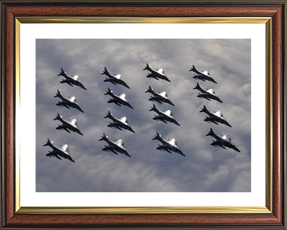 Sixteen RAF Harrier GR7 Jets in formation Photo Print - Royal Air Force Aircraft Posters, Prints, & Visual Artwork Hampshire Prints 10 x 8 Classic Frame Yes