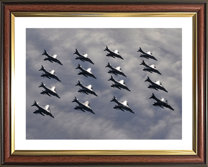 Sixteen RAF Harrier GR7 Jets in formation Photo Print - Royal Air Force Aircraft Posters, Prints, & Visual Artwork Hampshire Prints 10 x 8 Classic Frame Yes