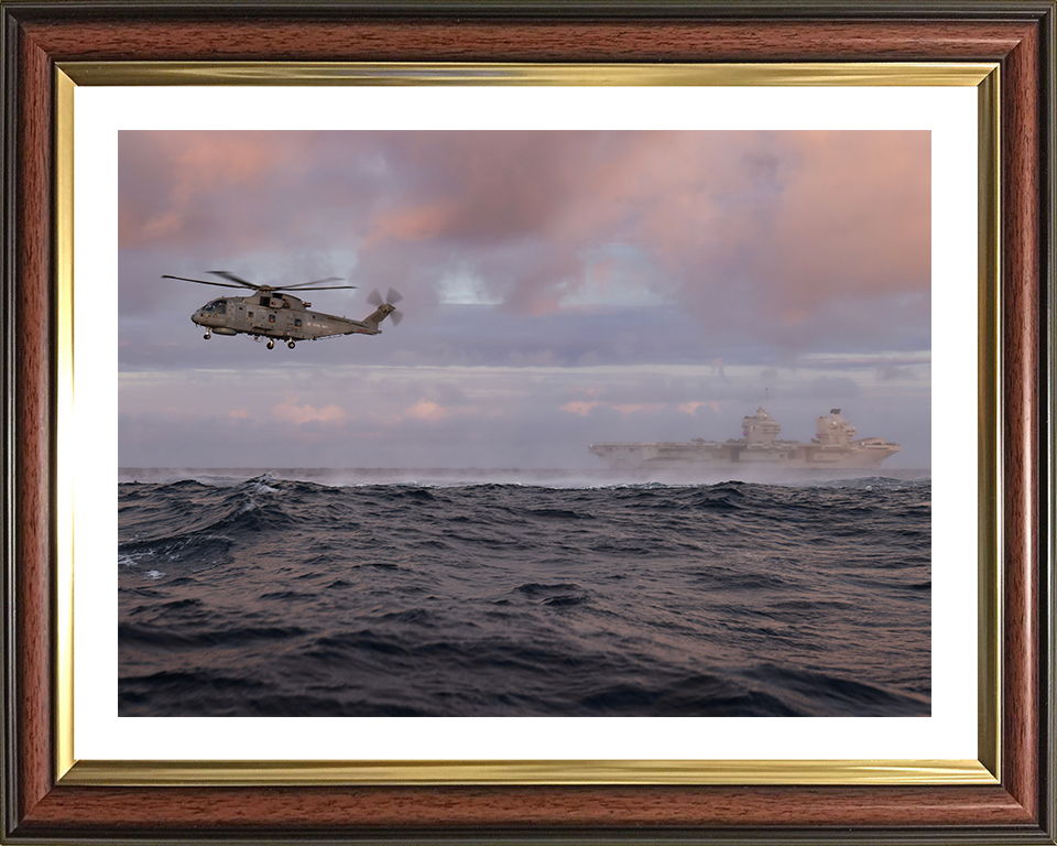 HMS Queen Elizabeth (R08) Photo Print - With Merlin - Royal Navy Queen Elizabeth Class Aircraft Carrier Hampshire Prints 10 x 8 Classic Frame Yes