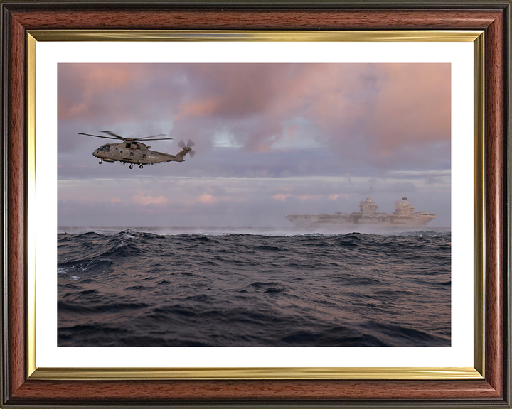 HMS Queen Elizabeth (R08) Photo Print - With Merlin - Royal Navy Queen Elizabeth Class Aircraft Carrier Hampshire Prints 10 x 8 Classic Frame Yes