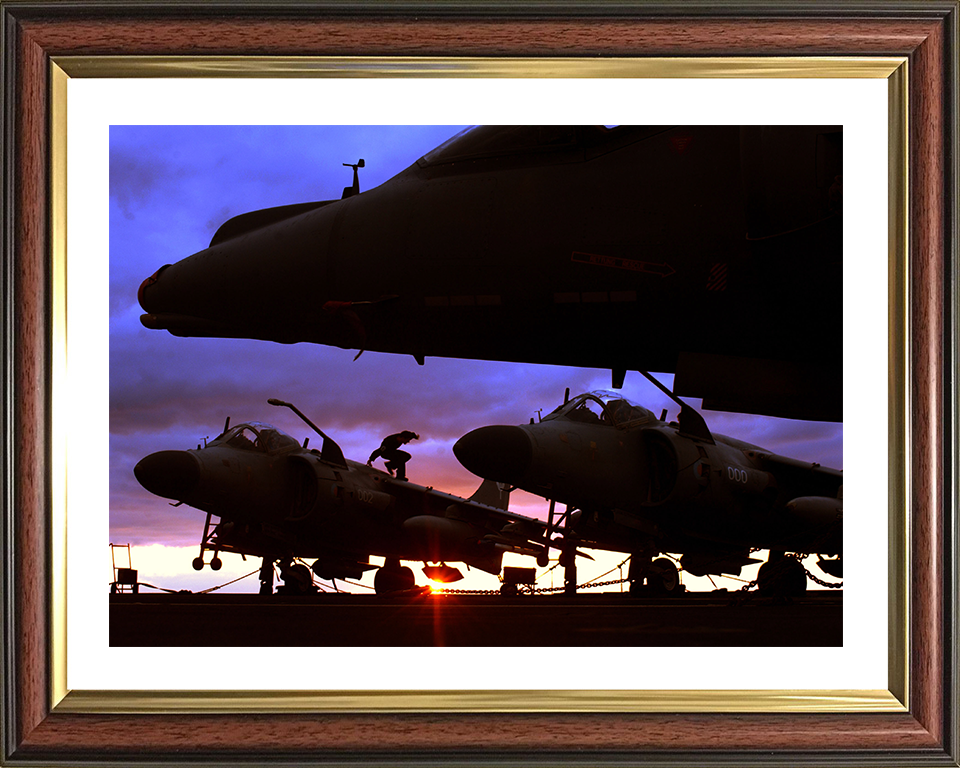 Harrier FA2s and GR7s on a Flightdeck at Sunset Photo Print - Royal Navy Aircraft Posters, Prints, & Visual Artwork Hampshire Prints 10 x 8 Classic Frame Yes