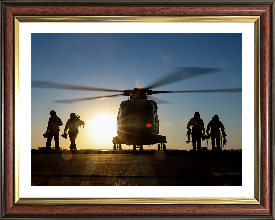 Merlin Helicopter on a Flight Deck at Sunset Photo Print - Royal Navy Aircraft Hampshire Prints 10 x 8 Classic Frame Yes