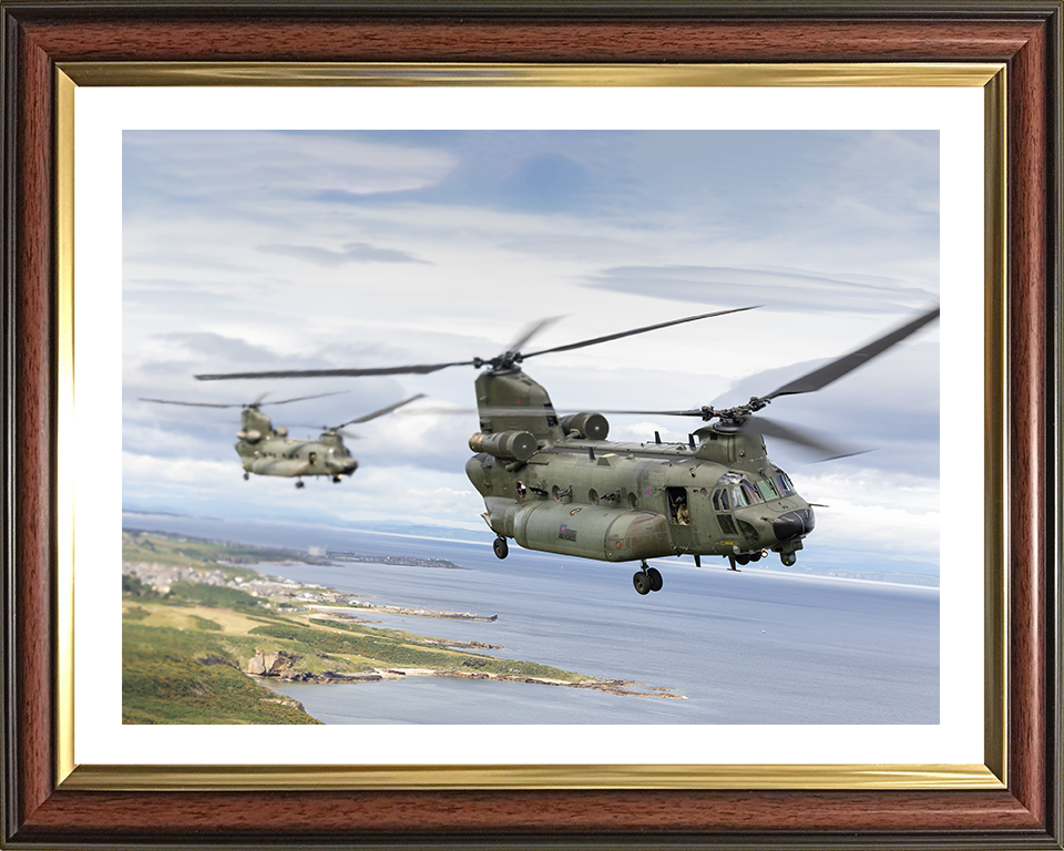 Two RAF Chinook Helicopters in Flight Photo Print - Royal Air Force Aircraft Hampshire Prints 10 x 8 Classic Frame Yes