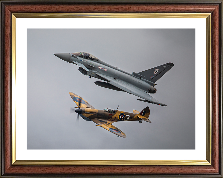 Typhoon FGR4 and RAF Spitfire in flight Photo Print - Royal Air Force Aircraft Hampshire Prints 10 x 8 Classic Frame Yes