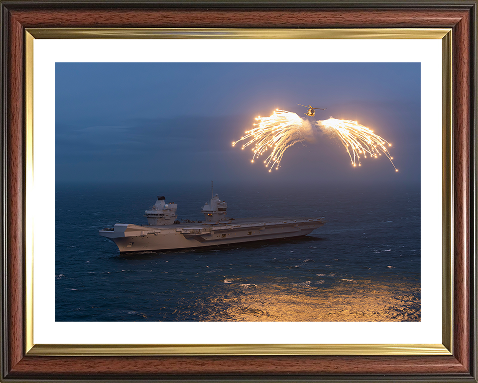 HMS Prince of Wales (R09) Photo Print - With Merlin - Royal Navy Queen Elizabeth Class Aircraft Carrier Hampshire Prints 10 x 8 Classic Frame Yes