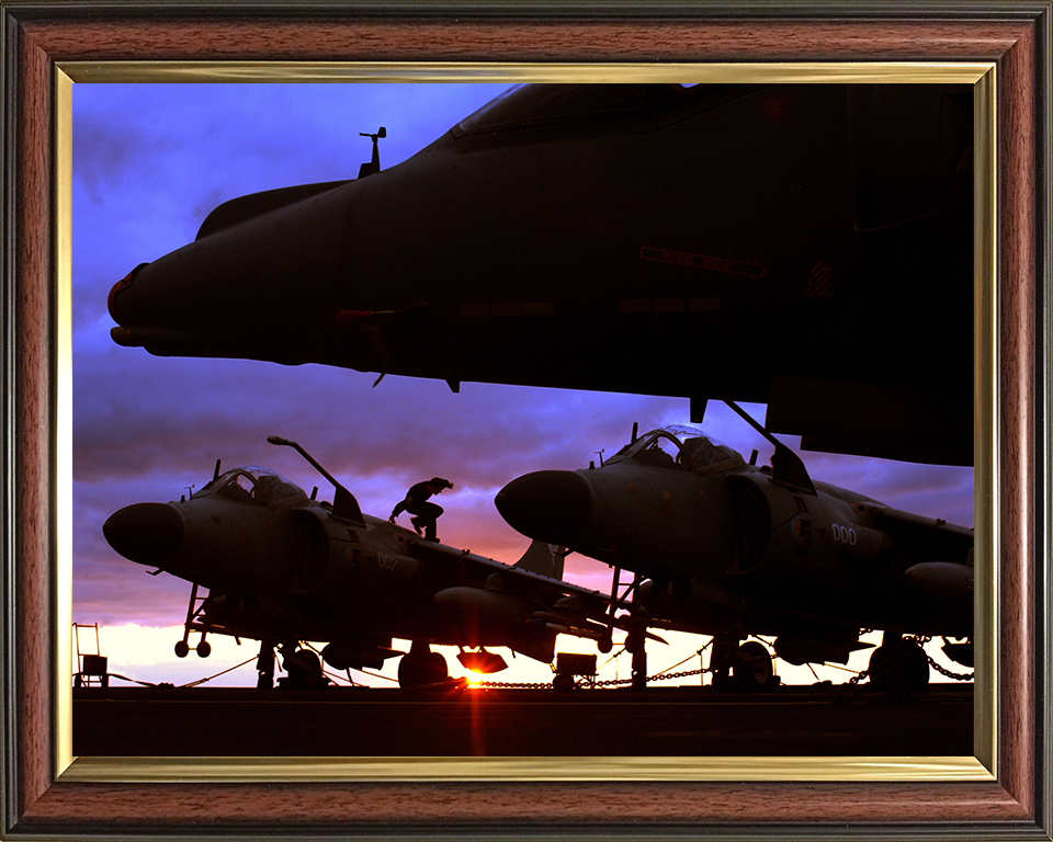 Harrier FA2s and GR7s on a Flightdeck at Sunset Photo Print - Royal Navy Aircraft Posters, Prints, & Visual Artwork Hampshire Prints 10 x 8 Classic Frame No