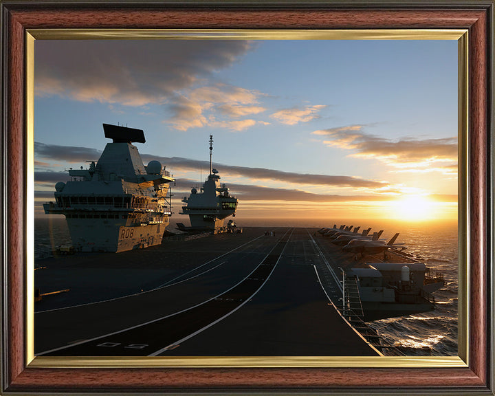 HMS Queen Elizabeth (R08) Photo Print - Flight Deck at Sunset - Royal Navy Queen Elizabeth Class Aircraft Carrier Hampshire Prints 10 x 8 Classic Frame No