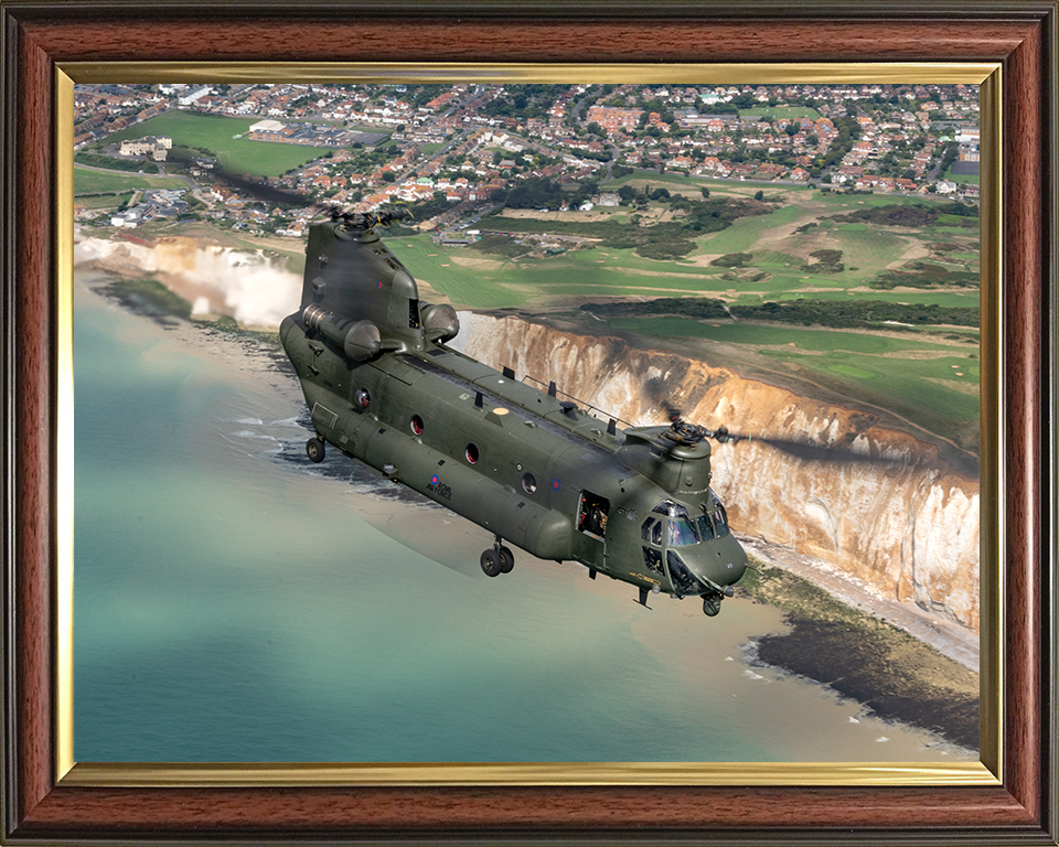 RAF Chinook Helicopter Over the English Coast Photo Print - Royal Air Force Aircraft Hampshire Prints 10 x 8 Classic Frame No