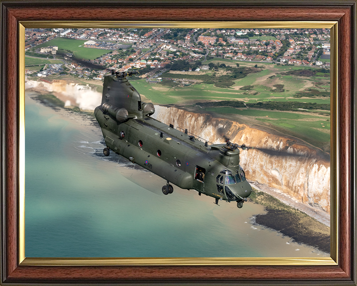 RAF Chinook Helicopter Over the English Coast Photo Print - Royal Air Force Aircraft Hampshire Prints 10 x 8 Classic Frame No