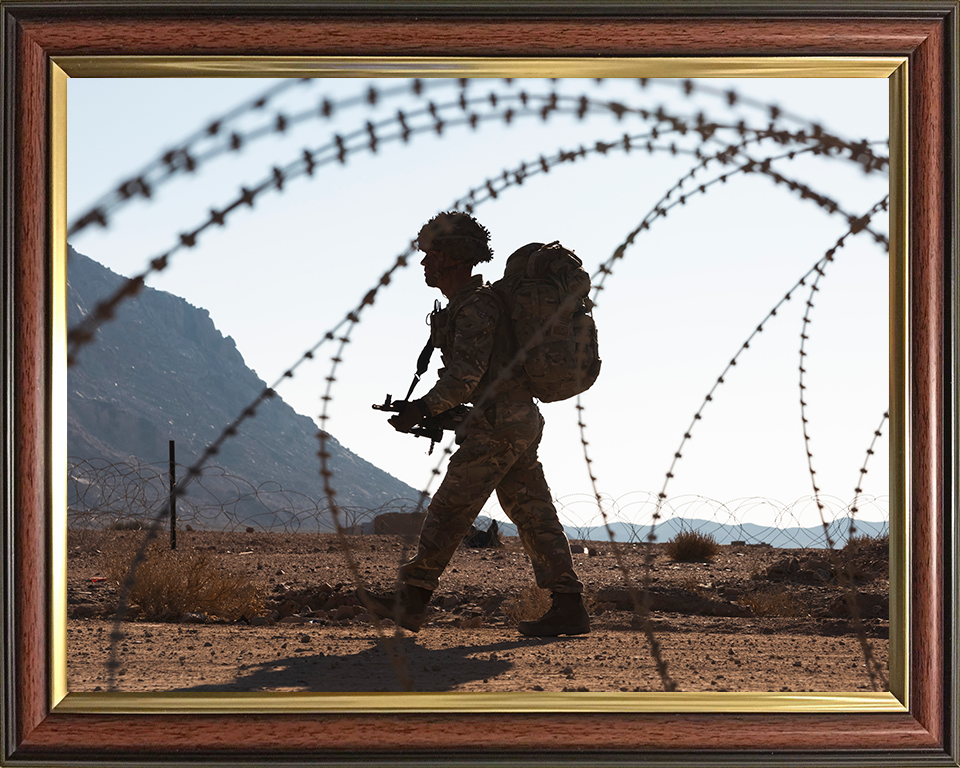 Soldier behind barbed wire Photo Print - British Army Hampshire Prints 10 x 8 Classic Frame No