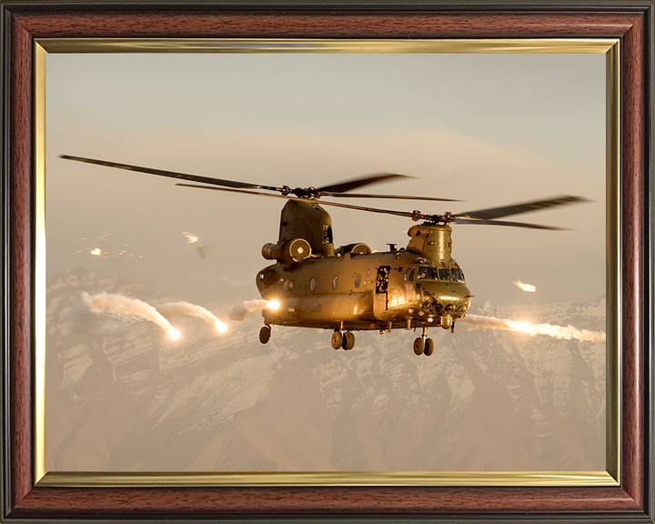 RAF Chinook Helicopter Over Afghanistan Firing Flares Photo Print - Royal Air Force Aircraft Hampshire Prints 10 x 8 Classic Frame No