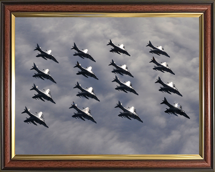 Sixteen RAF Harrier GR7 Jets in formation Photo Print - Royal Air Force Aircraft Posters, Prints, & Visual Artwork Hampshire Prints 10 x 8 Classic Frame No