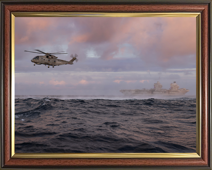 HMS Queen Elizabeth (R08) Photo Print - With Merlin - Royal Navy Queen Elizabeth Class Aircraft Carrier Hampshire Prints 10 x 8 Classic Frame No