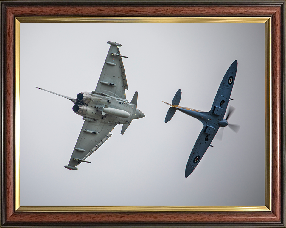 RAF Typhoon FGR4 and Spitfire in flight Photo Print - Royal Air Force Aircraft Hampshire Prints 10 x 8 Classic Frame No