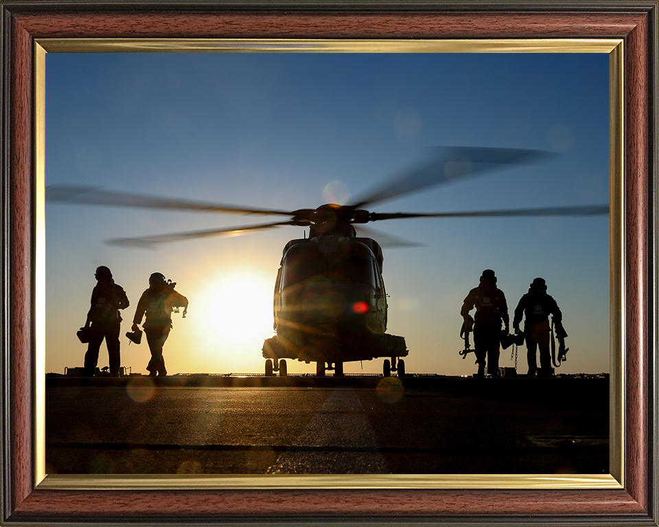 Merlin Helicopter on a Flight Deck at Sunset Photo Print - Royal Navy Aircraft Hampshire Prints 10 x 8 Classic Frame No